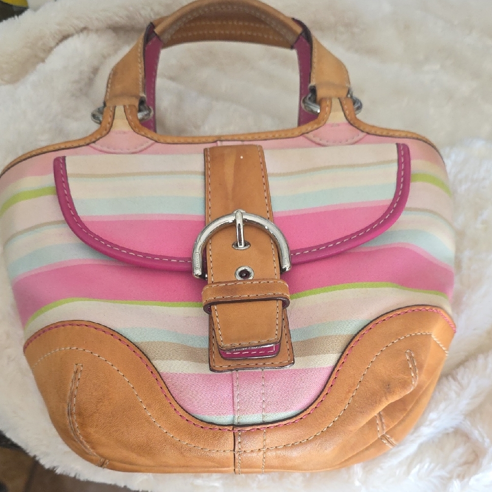 Y2K COACH - Hampton Soho Multicolor Striped Leather & Canvas Tote w/ Buckle